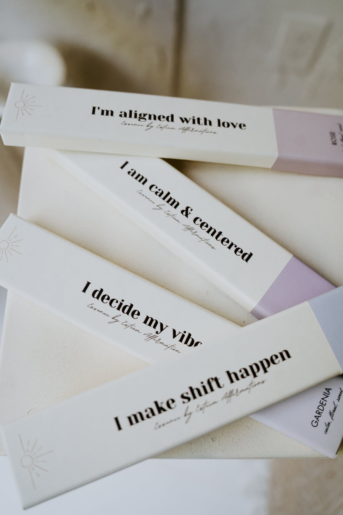 Quad of Esteem Affirmations incense boxes shown together, styled as a giftable wellness set