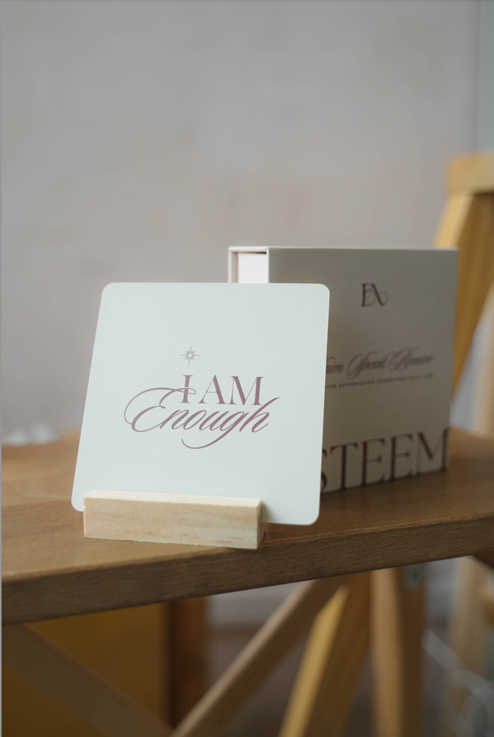 Affirmation card "I am enough" arranged by claim speak receive affirmation magnetic box by Esteem Affirmations