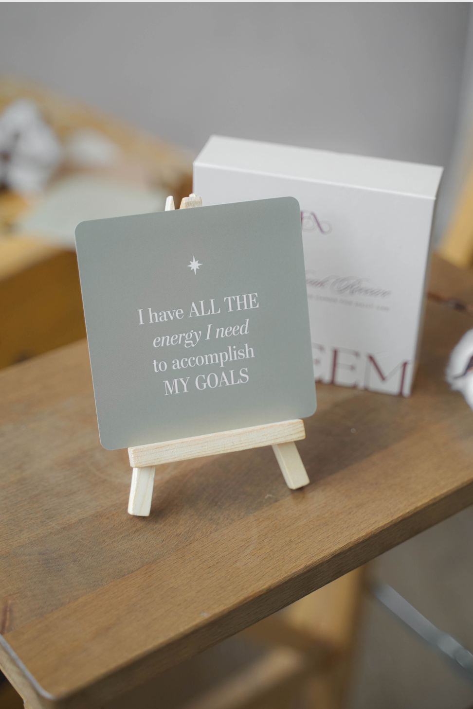 Affirmation card "I have all the energy i need to accomplish my goals" arranged by claim speak receive affirmation magnetic box by Esteem Affirmations