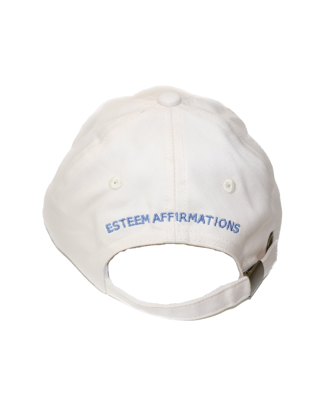 Back of cream dad hat showing adjustable strap and 'Esteem Affirmations' embroidery above gold buckle