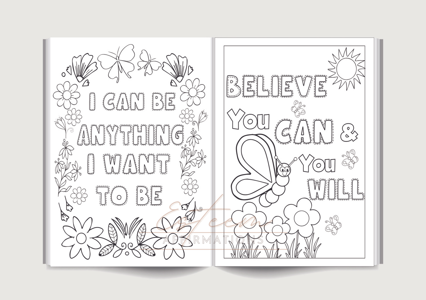Spread of coloring pages from children's coloring book featuring a playful activity for kids