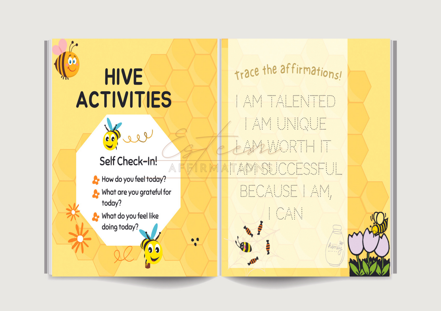 Two-page spread from the affirmation coloring book showing traceable words like "I Am Talented" with playful illustrations