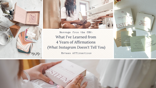 photo collage for blog post "what I've learned from 4 years of affirmations" with two women holding affirmation cards and flat lay