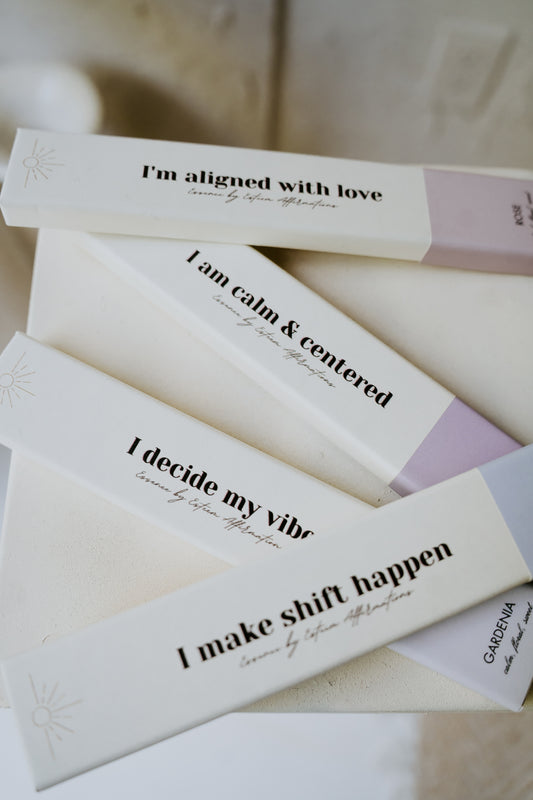 Quad of Esteem Affirmations incense boxes shown together, styled as a giftable wellness set