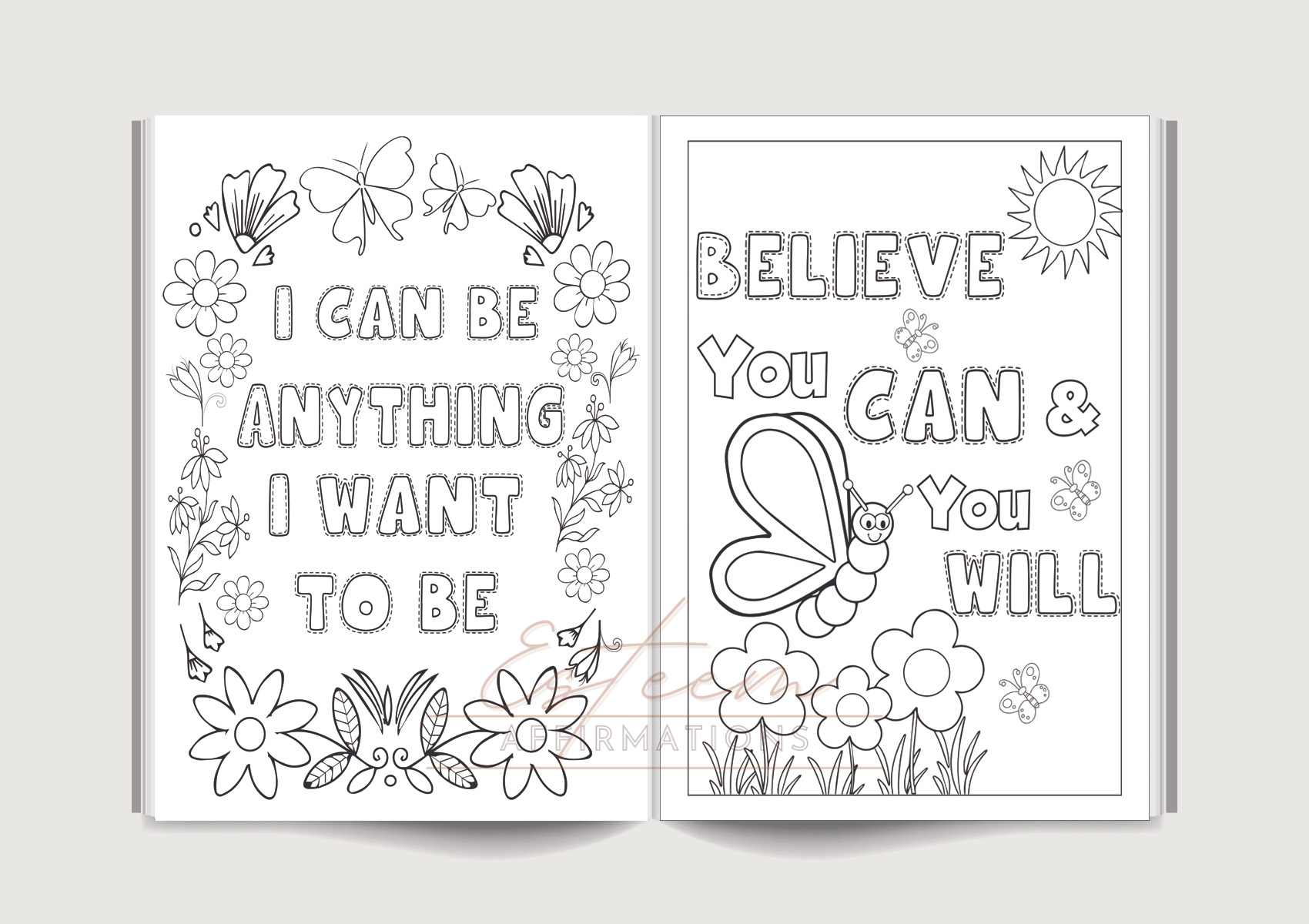 Spread of coloring pages from children's coloring book featuring a playful activity for kids